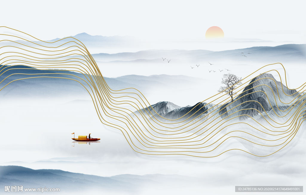 金色线条山水画