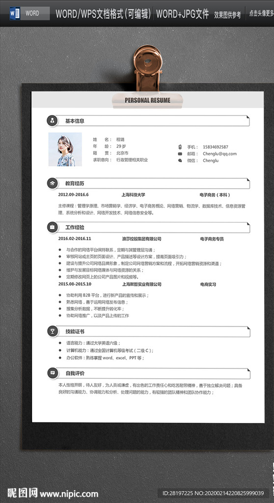 A4纸求职简历文艺教师简历模板