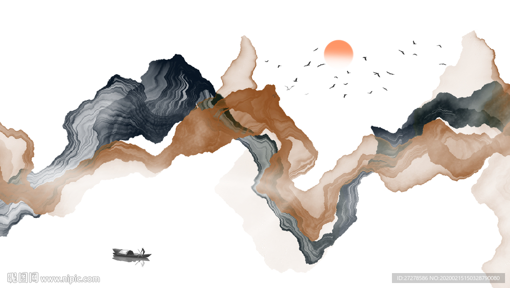 金色线条水墨烟雾山水画