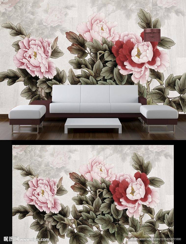 复古牡丹电视背景墙