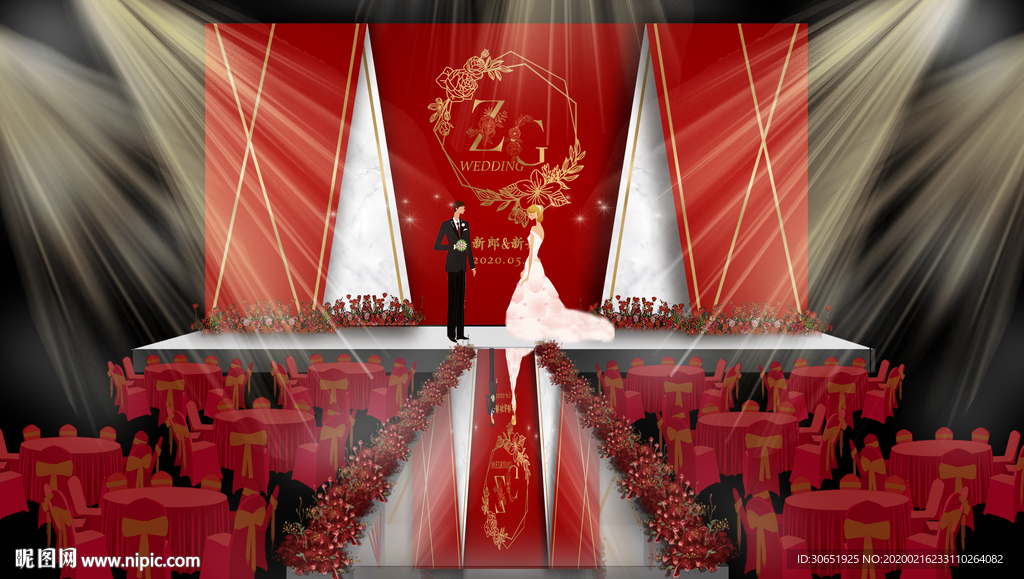 红金色撞金色大理石婚礼舞台背景