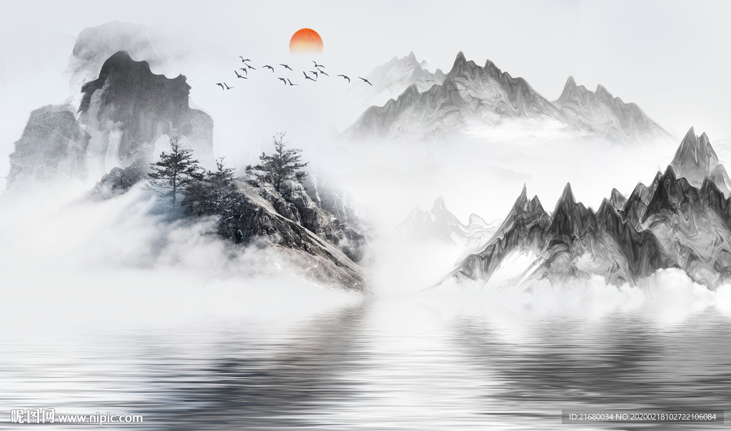 新中式水墨山水背景墙