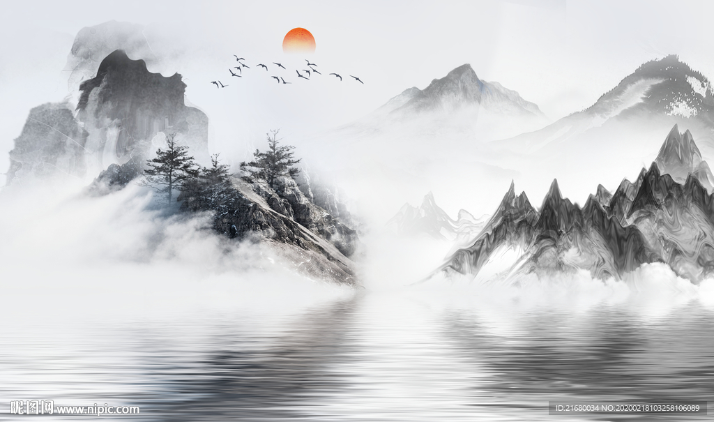 新中式抽象水墨山水背景墙