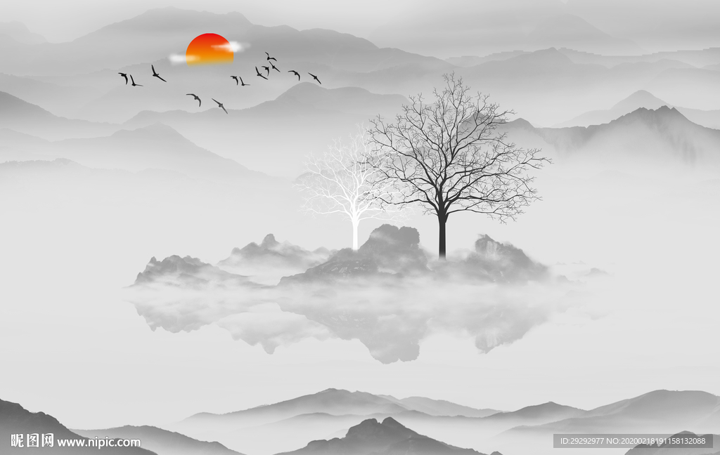 新中式抽象水墨山水背景墙