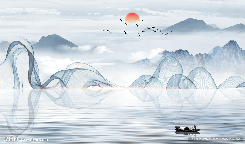 新中式抽象山水线条背景墙