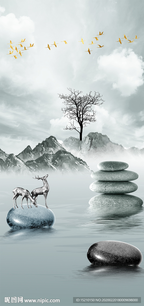 水墨山水抽象树玄关背景墙