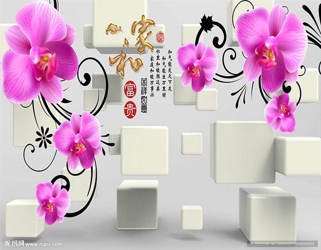 家和富贵蝴蝶兰君子兰背景墙