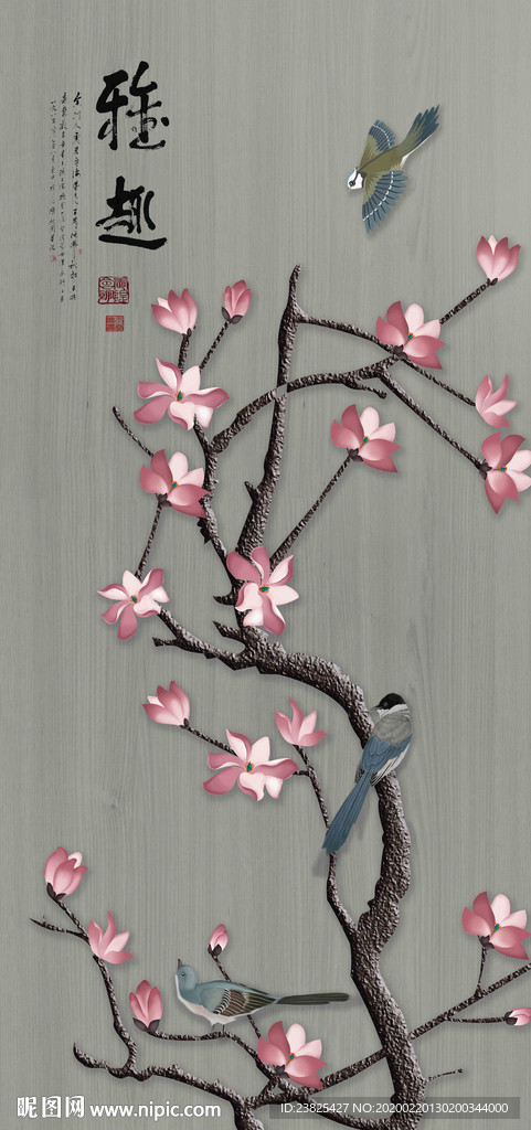 新中式手绘工笔花鸟玄关背景墙