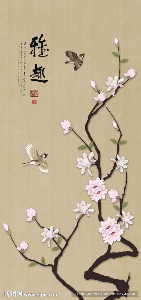 新中式手绘工笔花鸟玄关背景墙
