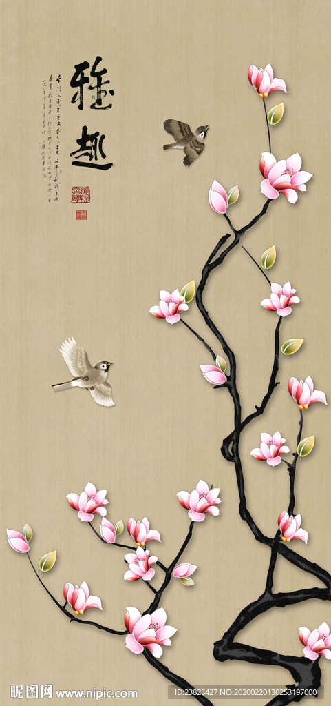 新中式手绘花鸟玄关背景墙