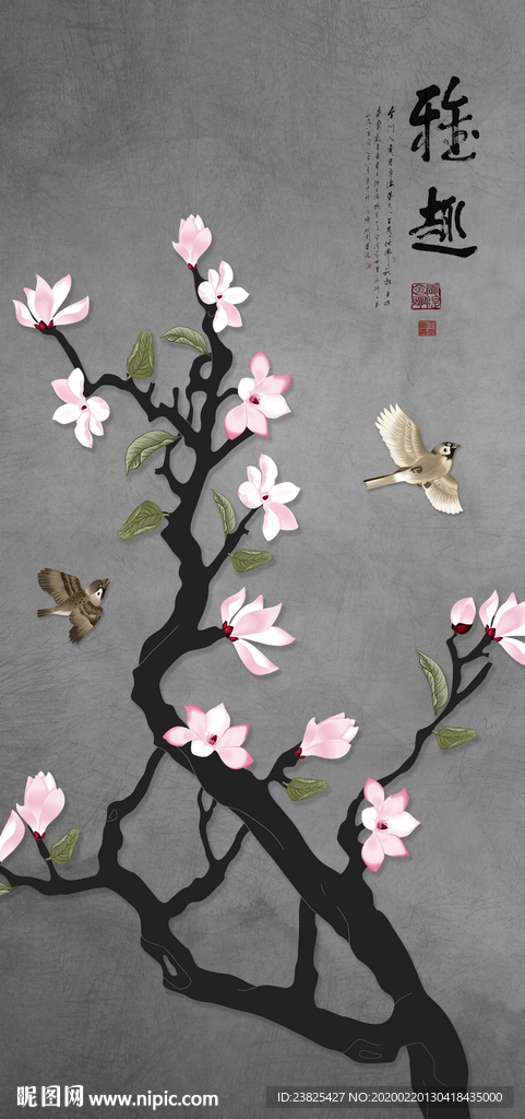 新中式手绘工笔花鸟玄关背景墙