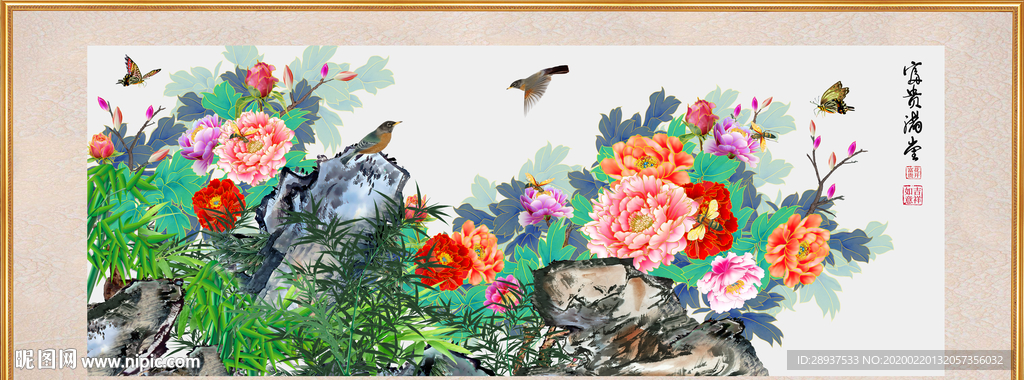 原创手绘牡丹竹子装饰画背景墙