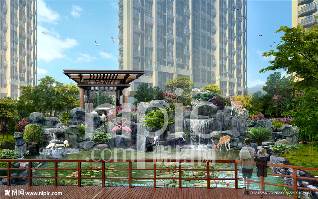 居住区假山水系效果图分层PSD