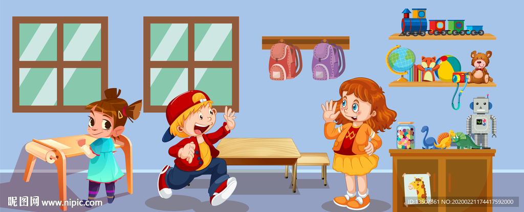 手绘幼儿园校园教室内插画设计