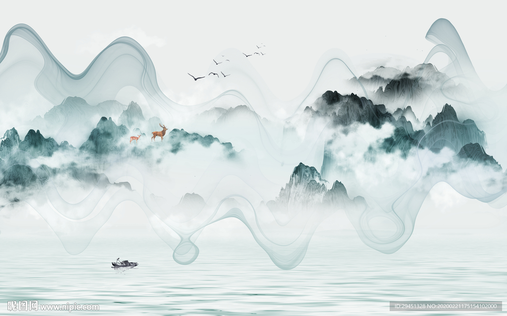 中式 意境山水画 tif分层