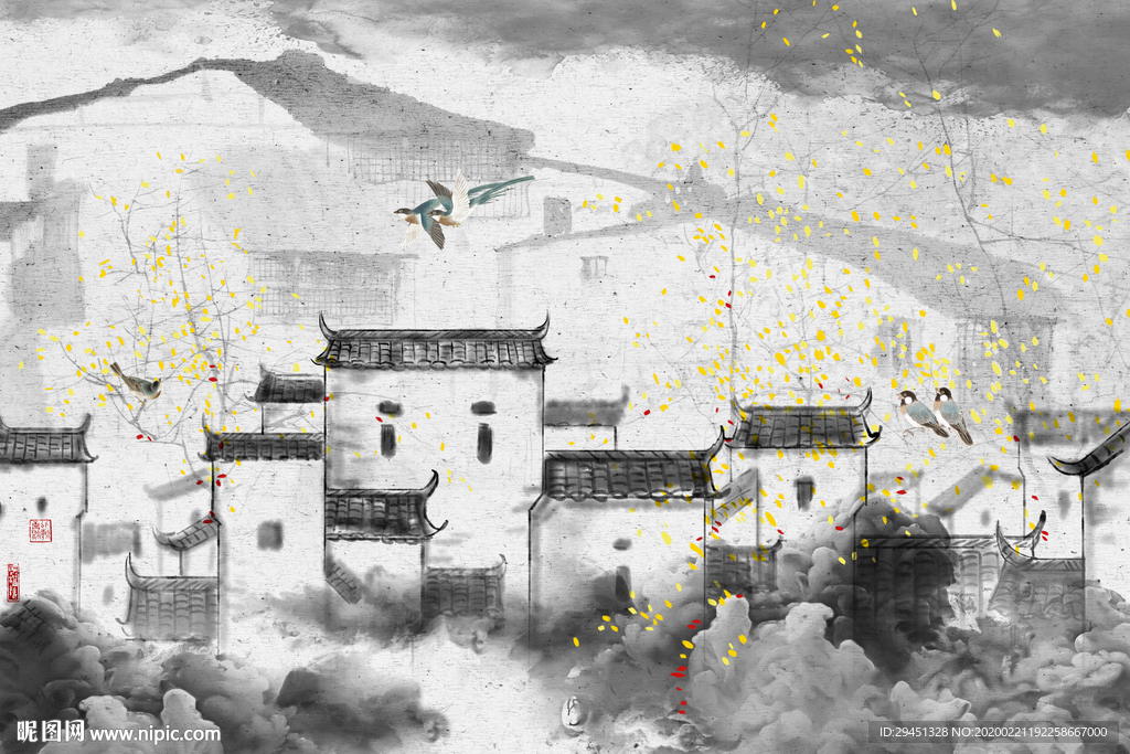 徽派 新山水背景画 tif分层