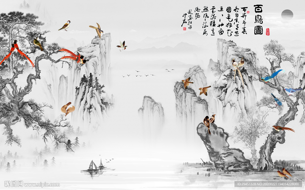 花鸟背景新山水画 tif分层