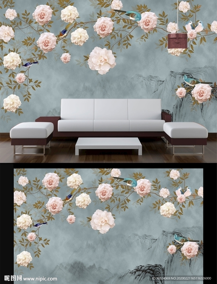 手绘花鸟电视背景墙