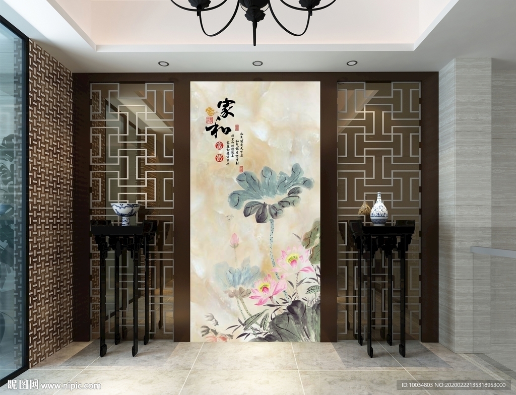 大理石荷花玄关装饰画