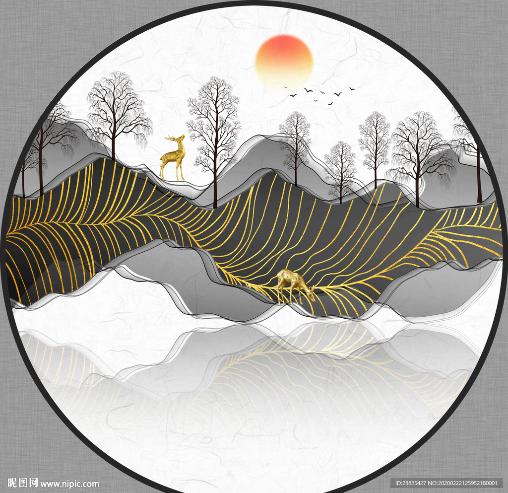 新中式抽象金色山水圆形装饰画