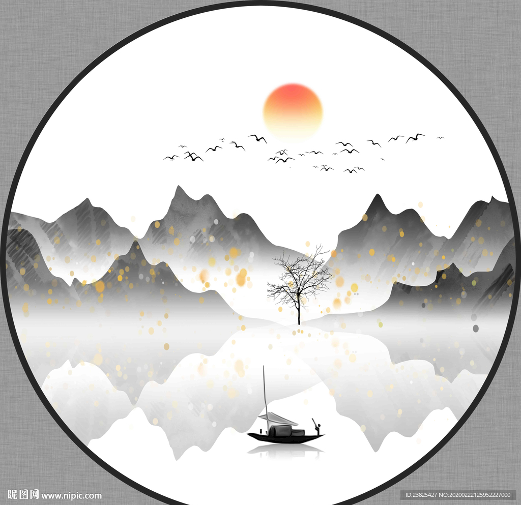 新中式抽象水墨山水圆形装饰画