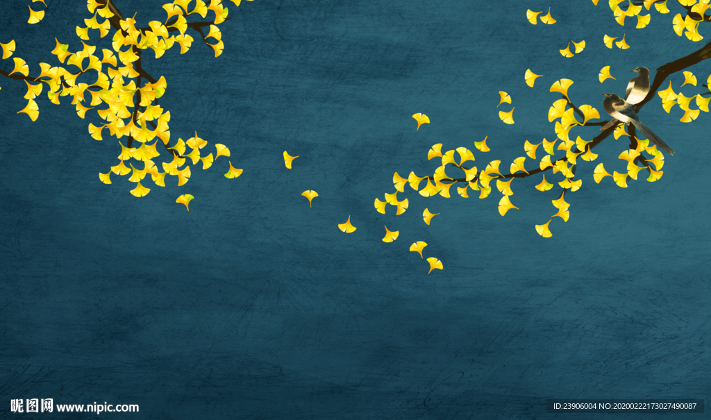 原创手绘银杏花鸟壁画