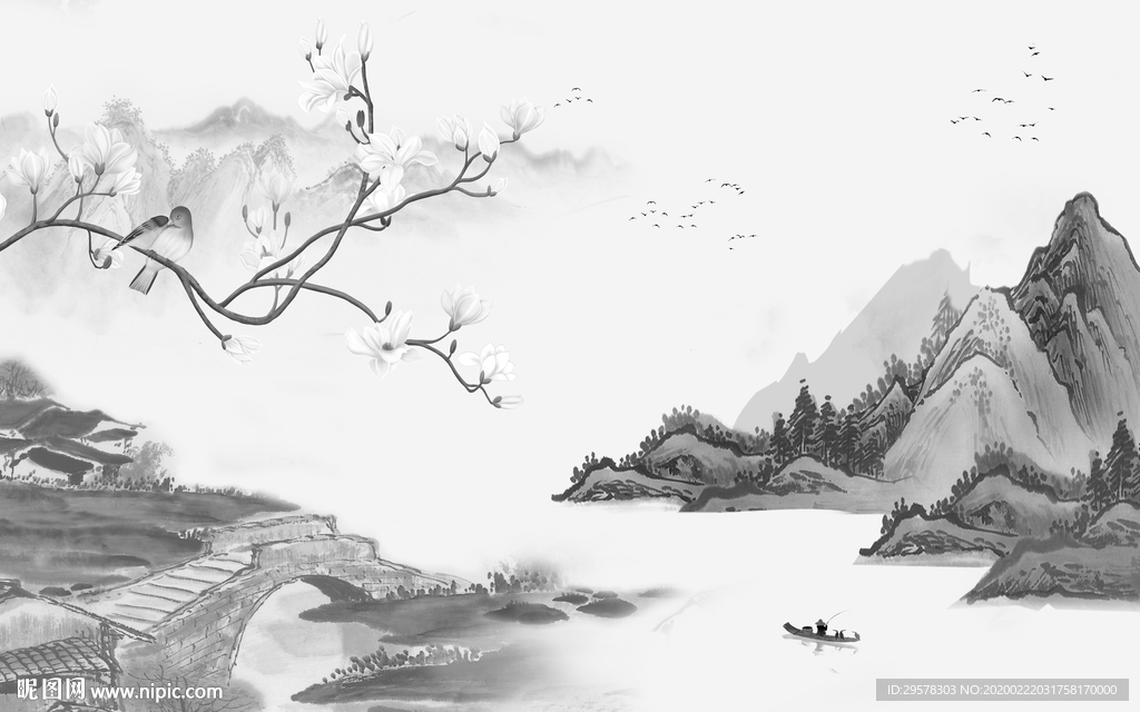 中国风山水画电视墙 TIF分层