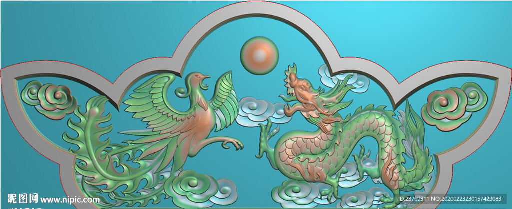 龙凤戏珠墓碑帽头精雕图浮雕灰度