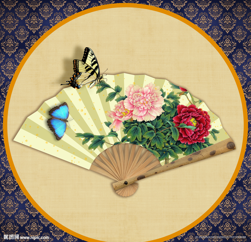 新中式折扇牡丹蝴蝶装饰画