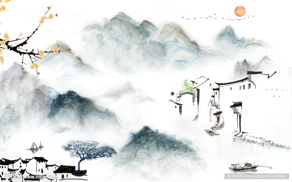 现代中式山水画 tif分层