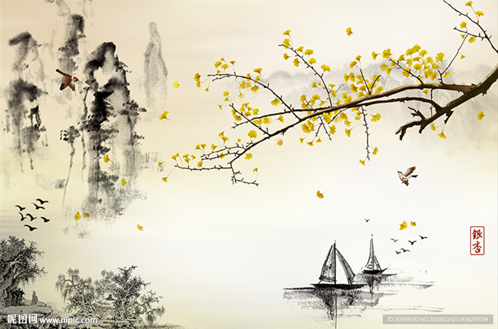 银杏水墨山水背景墙