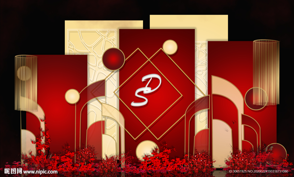 红色金色婚礼舞台留影签到背景