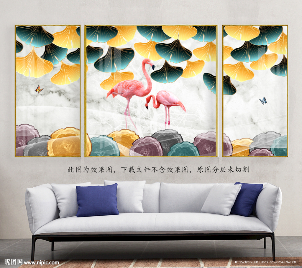 银杏树叶火烈鸟客厅装饰画