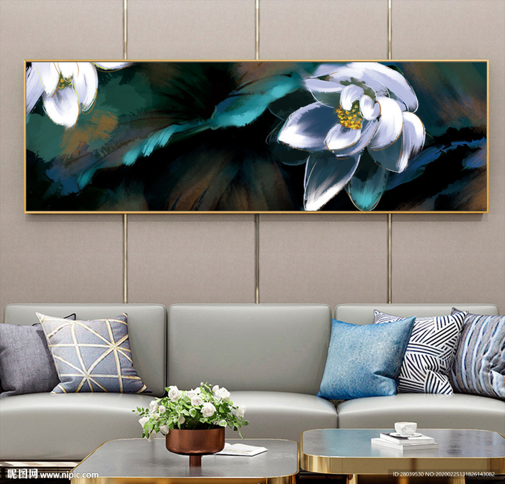 手绘荷花横幅装饰画