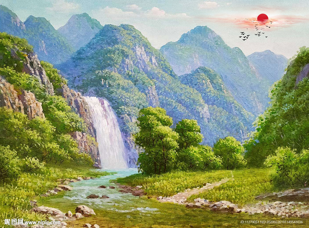 风景瀑布油画