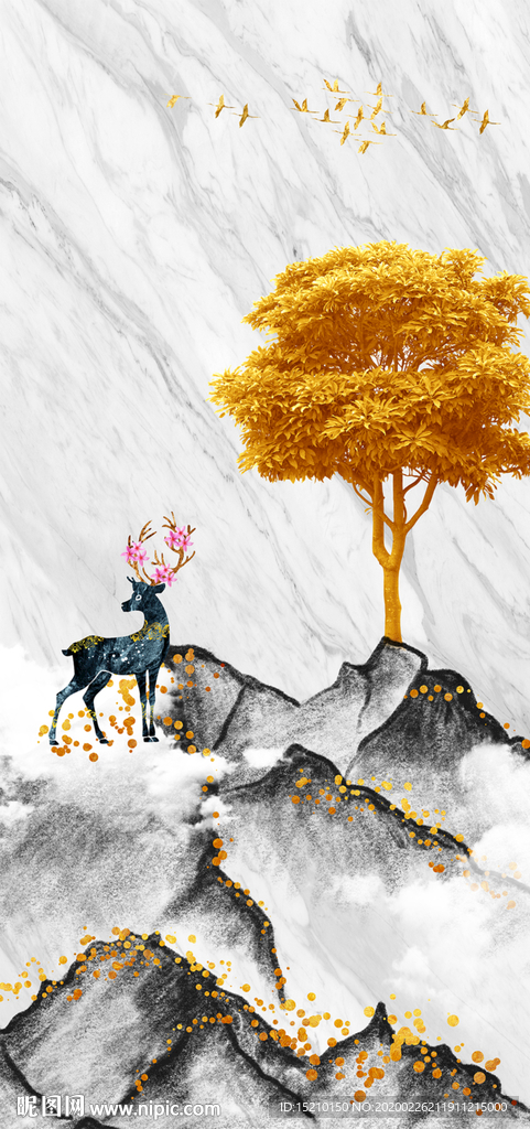 水墨山水发财树玄关背景墙