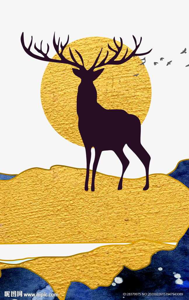 新中式材质抽象麋鹿山水装饰画