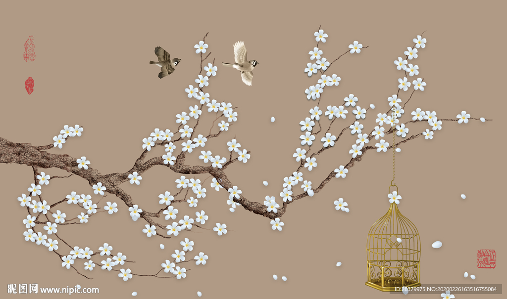 工笔花鸟新中式背景墙珠宝壁画