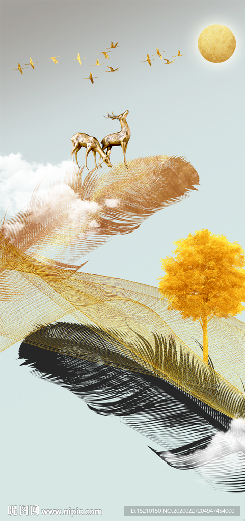 发财树羽毛玄关背景墙