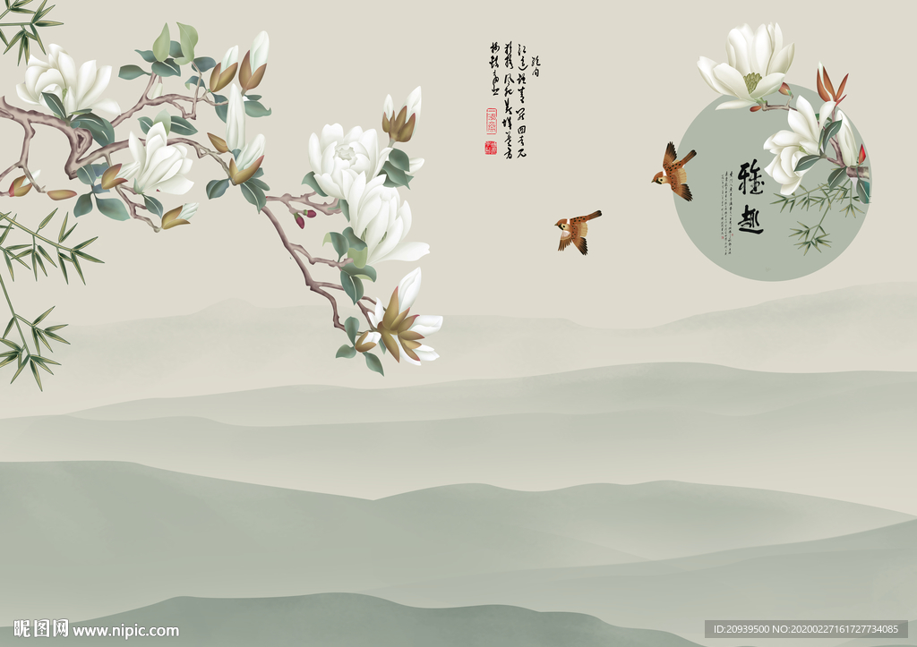 雅趣玉兰花鸟山水背景墙