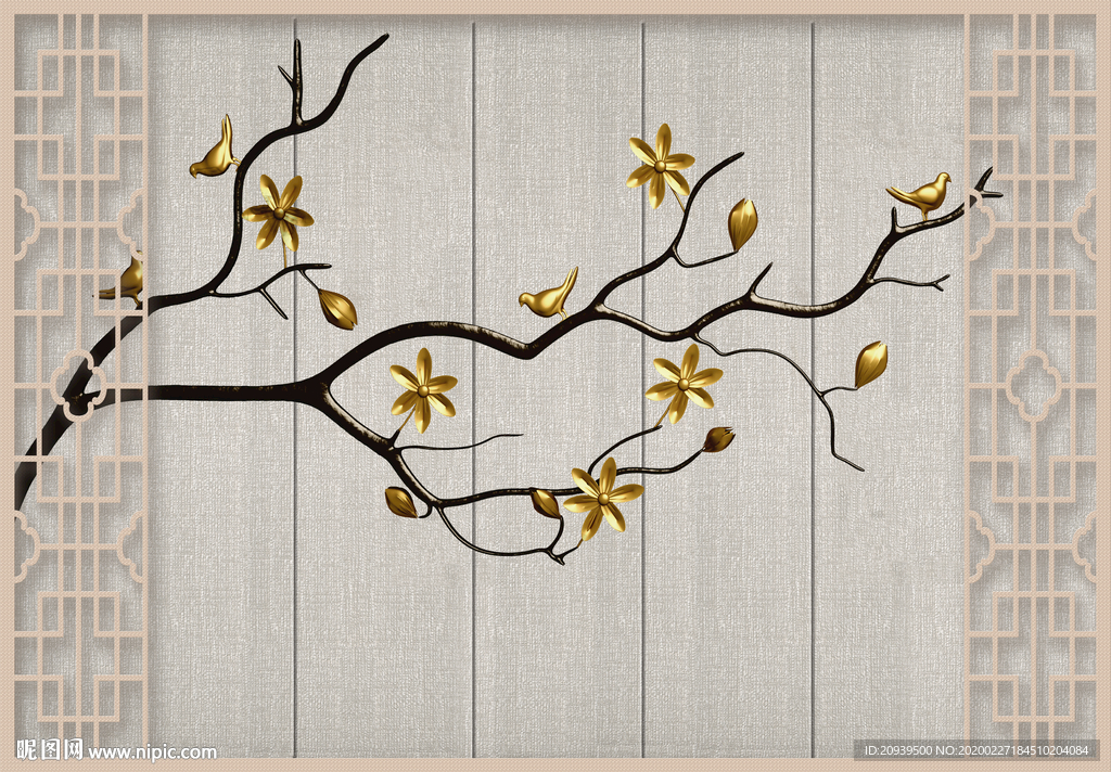 新中式花格浮雕花朵背景墙