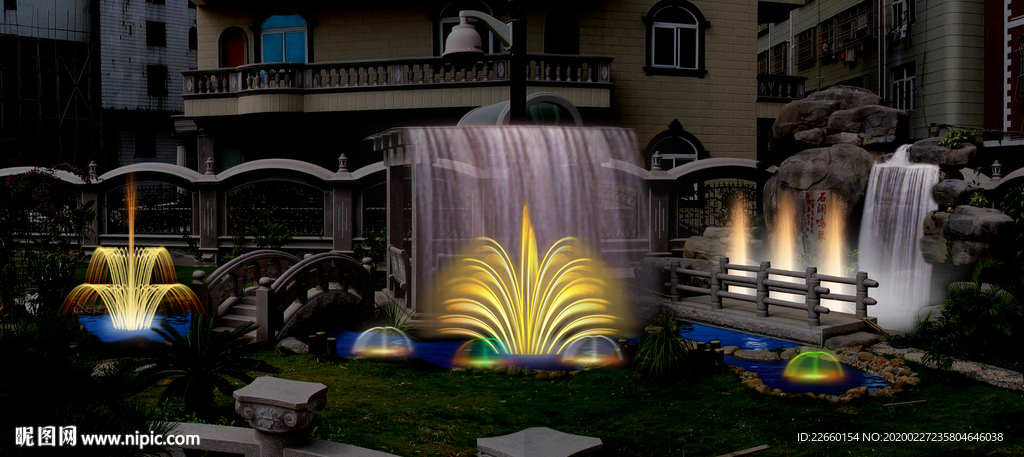 喷泉水景灯光后期效果图素材