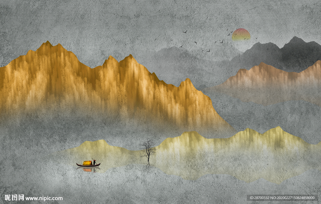 金色水墨山水画