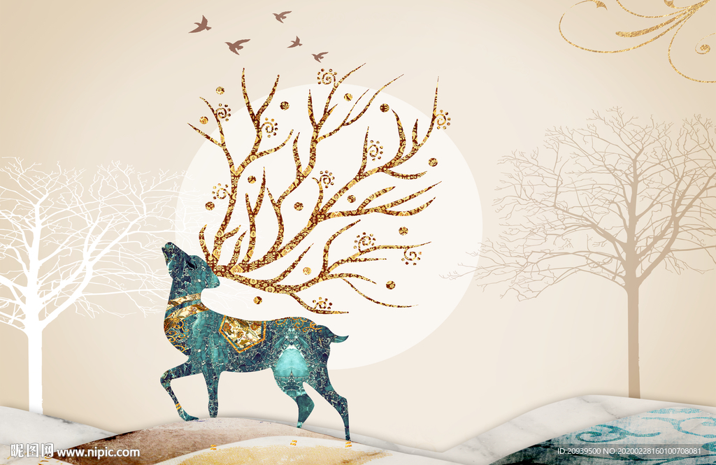 复古发财树麋鹿背景墙