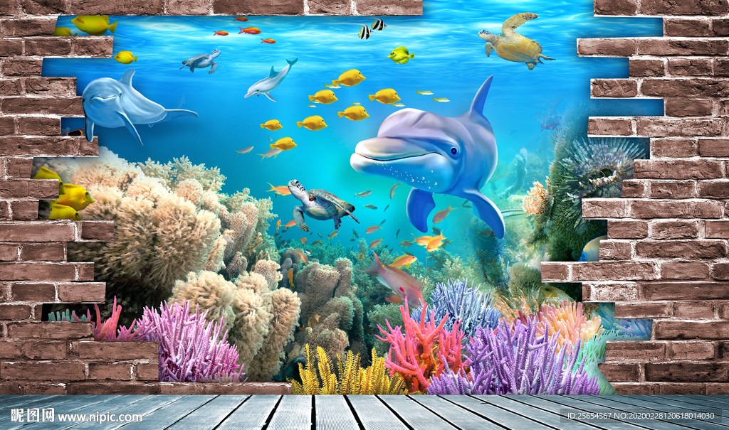 D立体砖块海底世界背景墙