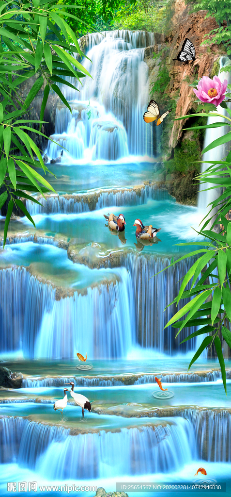 山水水秀瀑布流水生财玄关背景墙