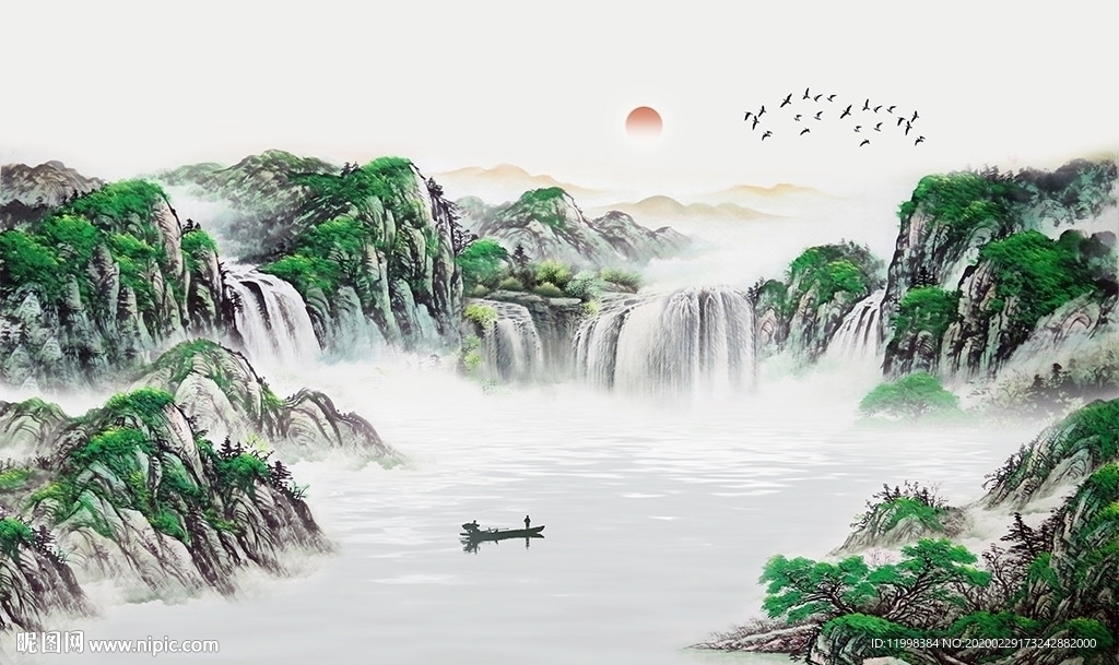 流水生财山水画背景墙