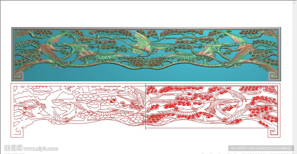 镂空松鹤延年挂落精雕图浮雕灰度