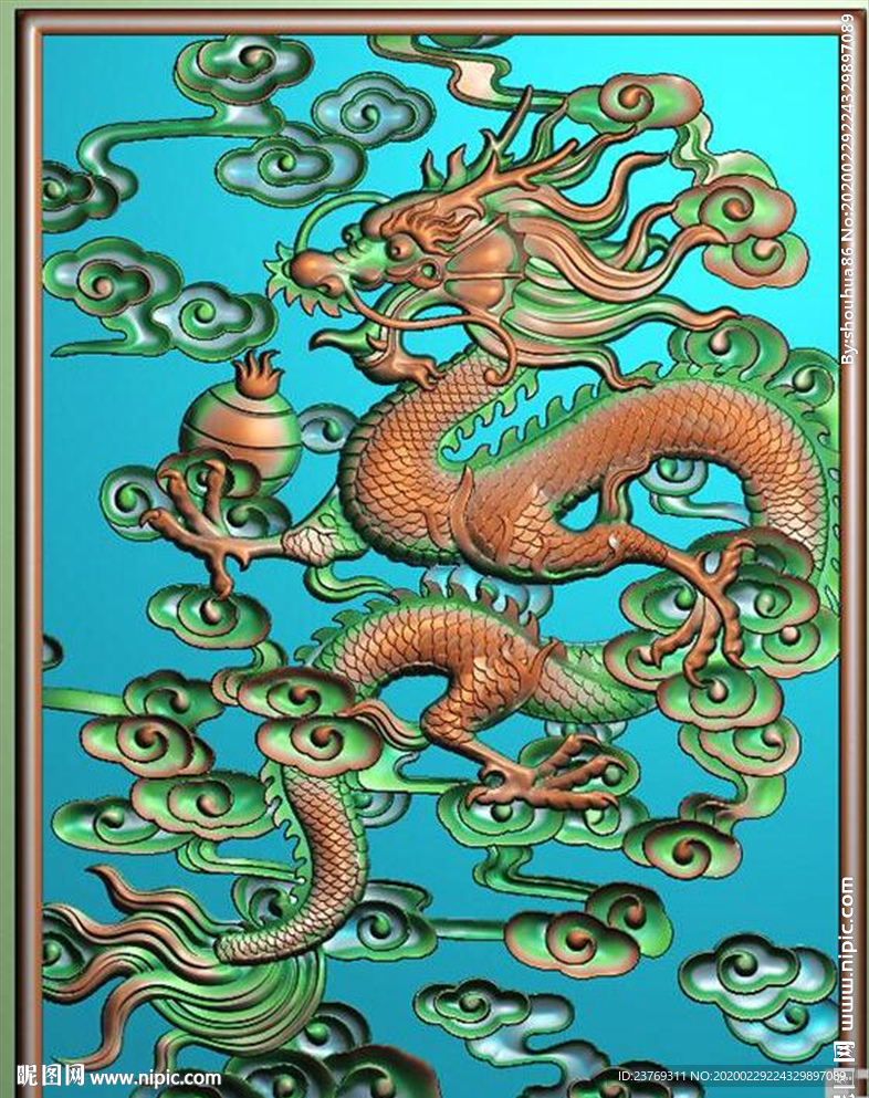 单龙戏珠门板祥云精雕图浮雕灰度
