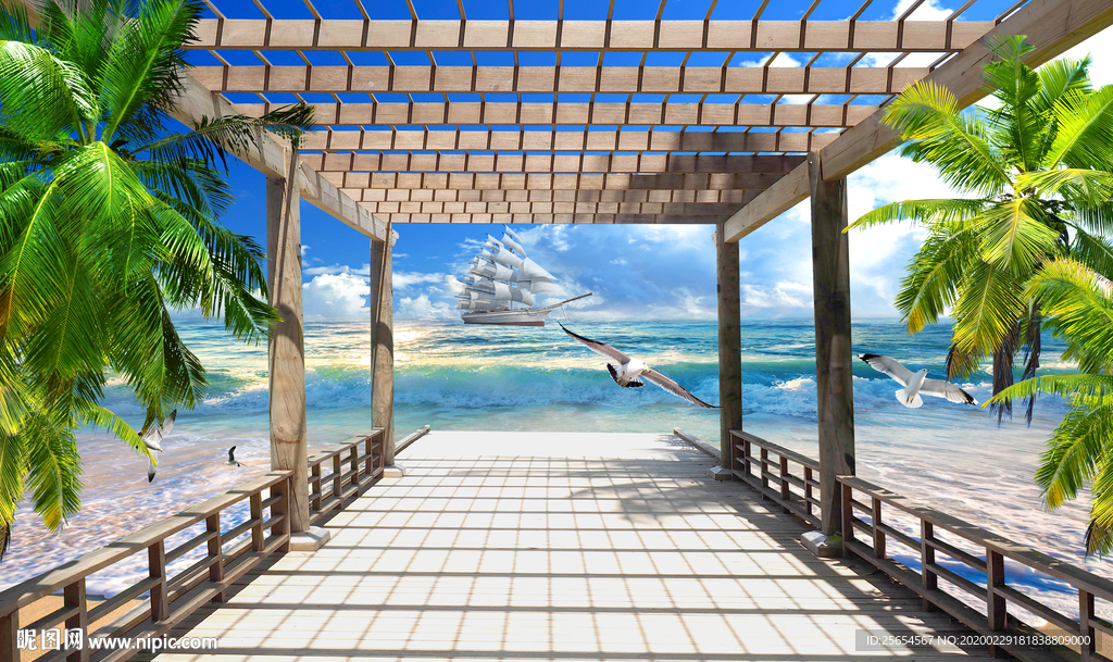 空间沙滩3D风景画电视背景墙